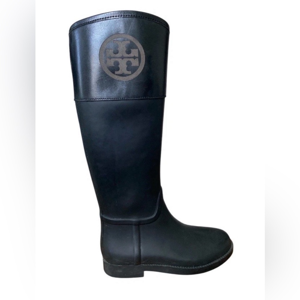 Tory Burch Tall Rain Logo Boots 6B Black